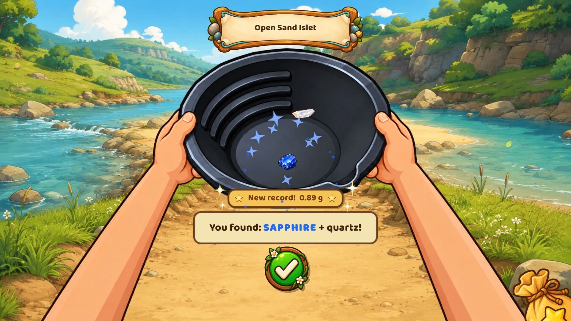Two hands hold a gold pan over a sunny river. A message says: You found sapphire and quartz, new record 0.89 g.