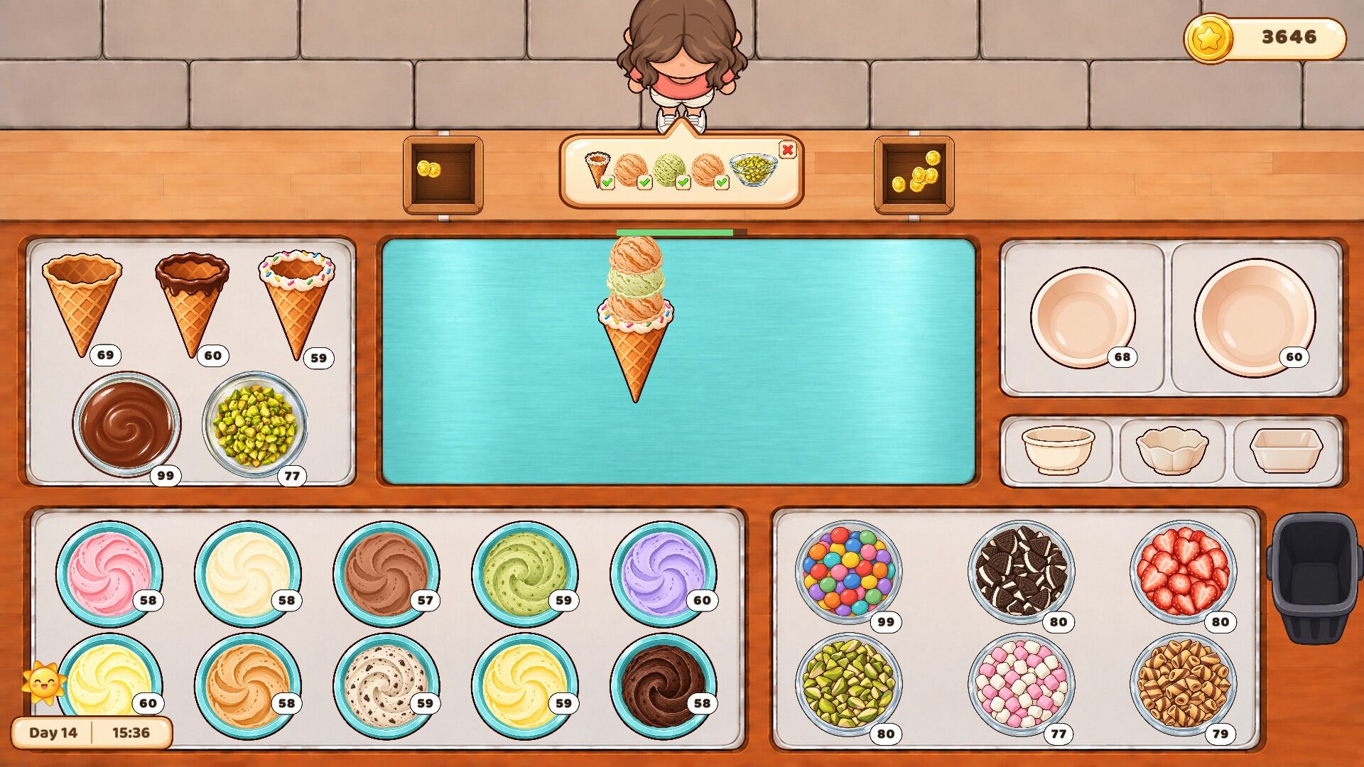 The serving counter: a stacked cone on the prep board above trays of colorful flavors and toppings.