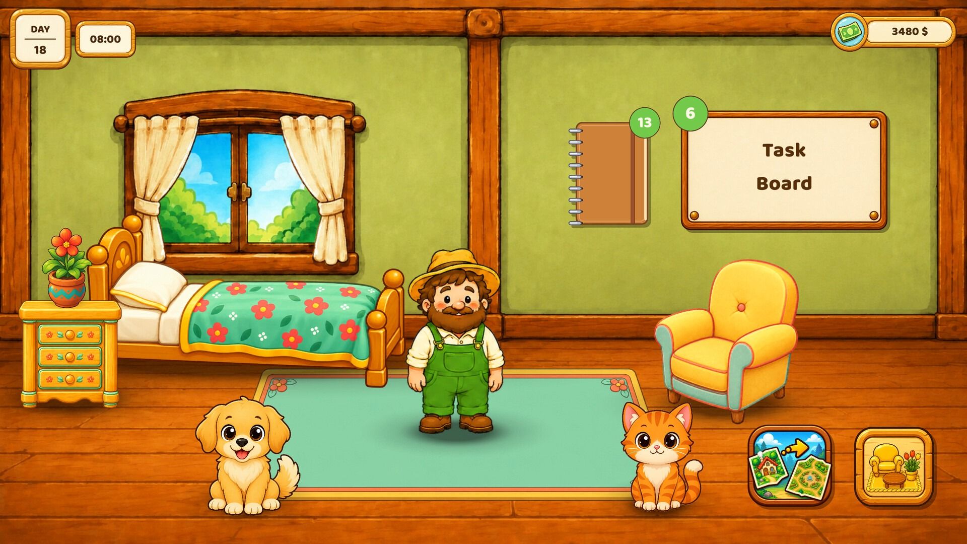 A cozy wooden room with a bed, an armchair and a task board. The prospector stands between a dog and a cat.