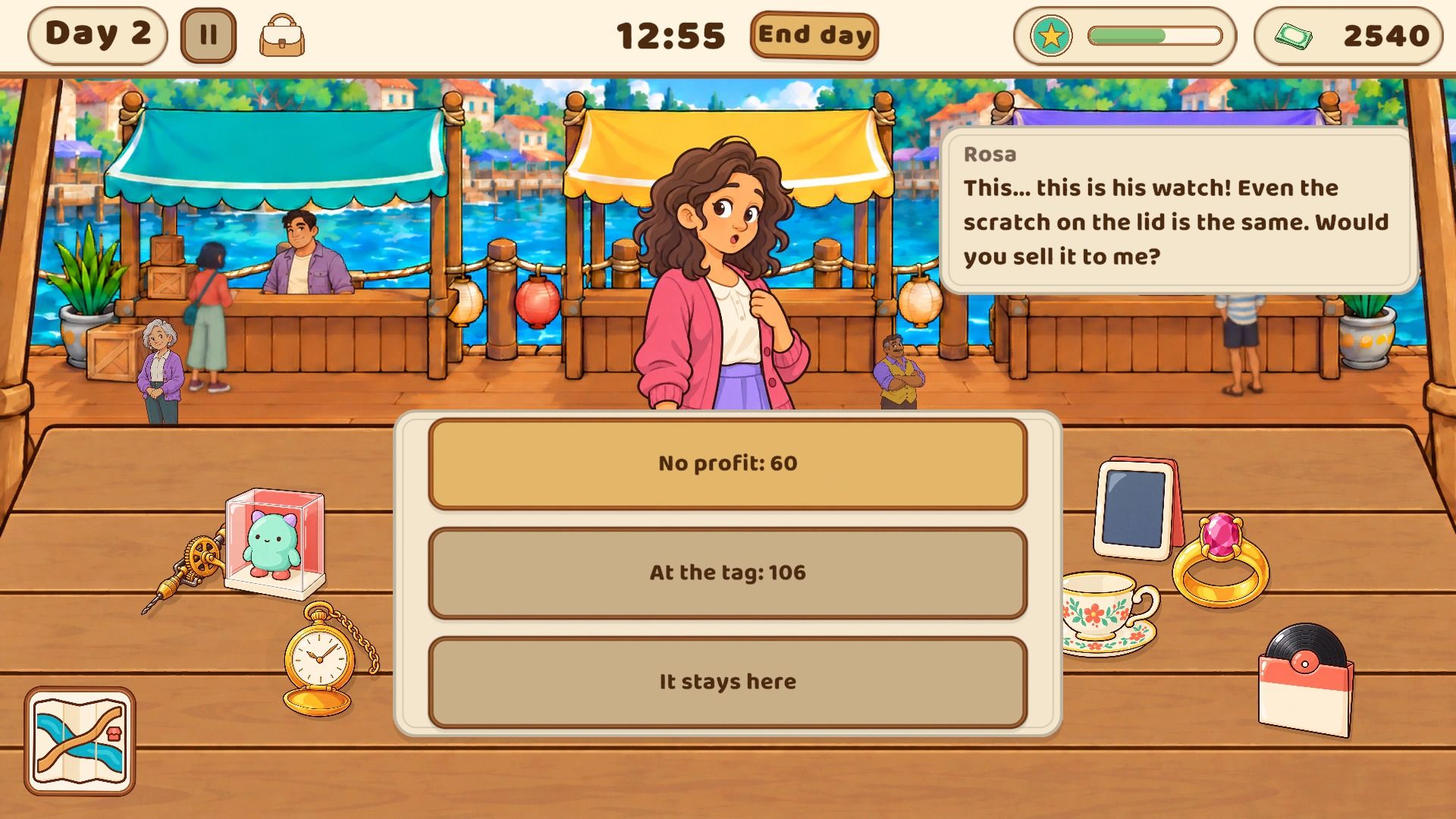 Rosa recognises a pocket watch on the stall and asks if it is for sale.