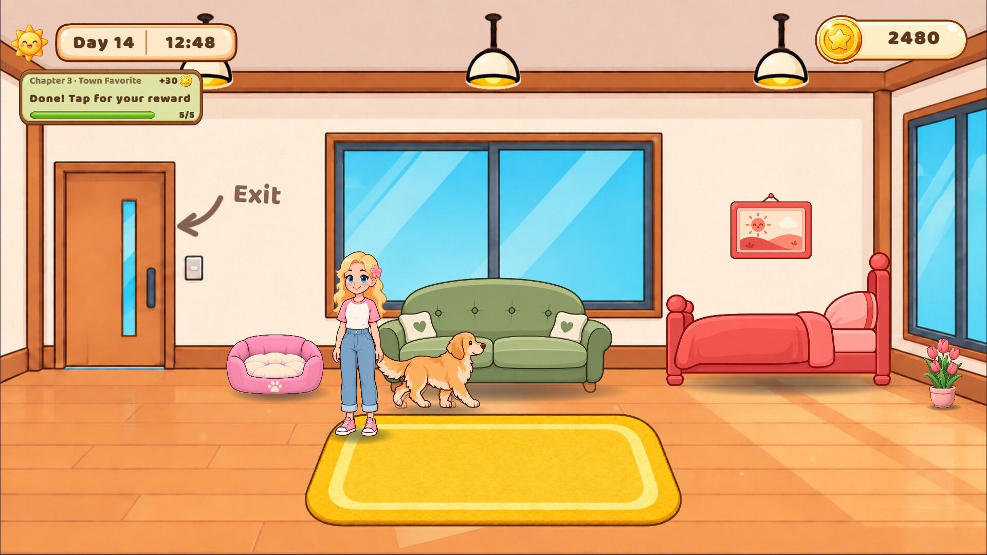 A bright home with a sofa, a bed and a yellow rug. The player stands next to a golden dog.