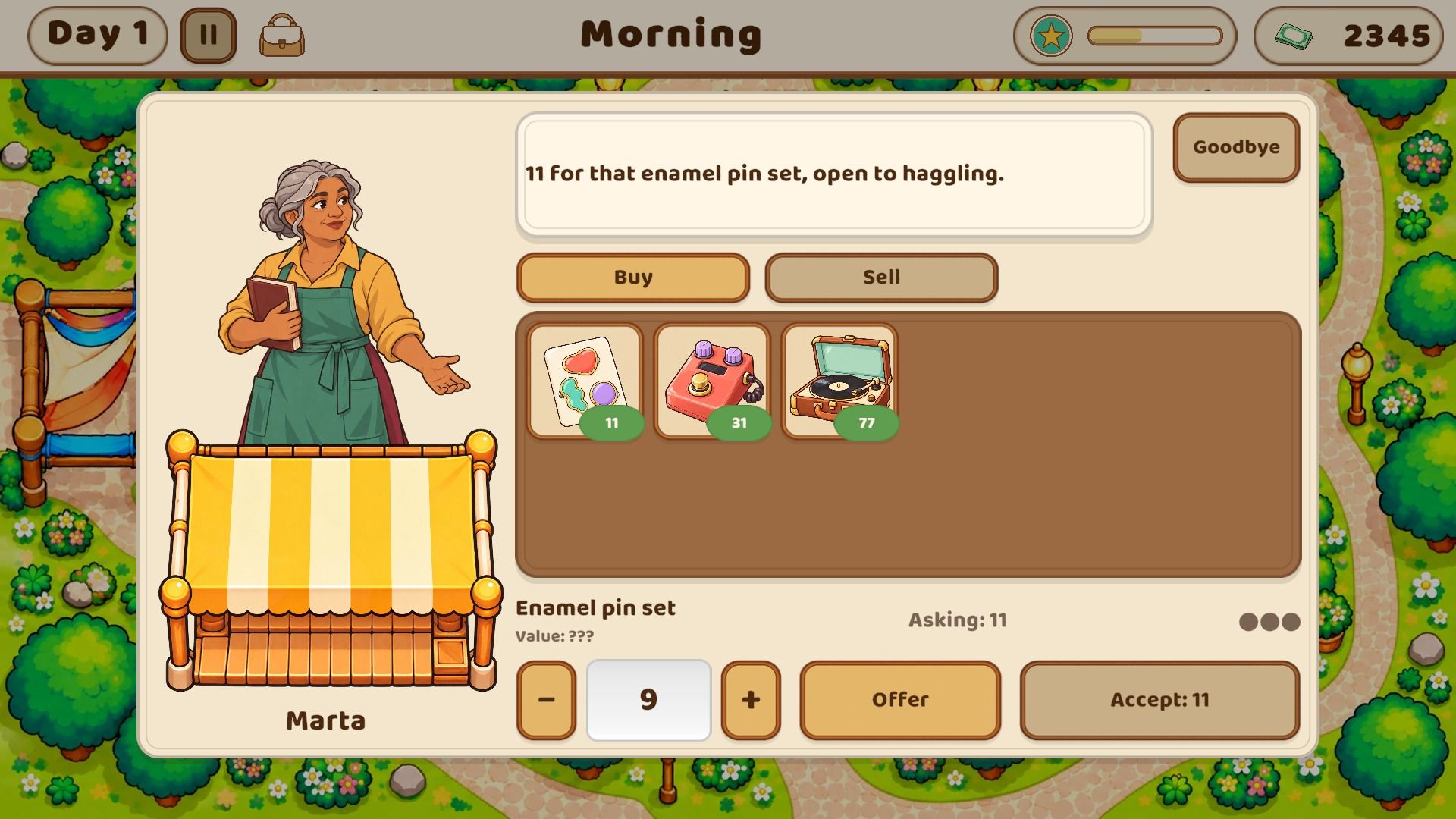 Trading with Marta, a neighboring seller, who offers an enamel pin set and is open to haggling.