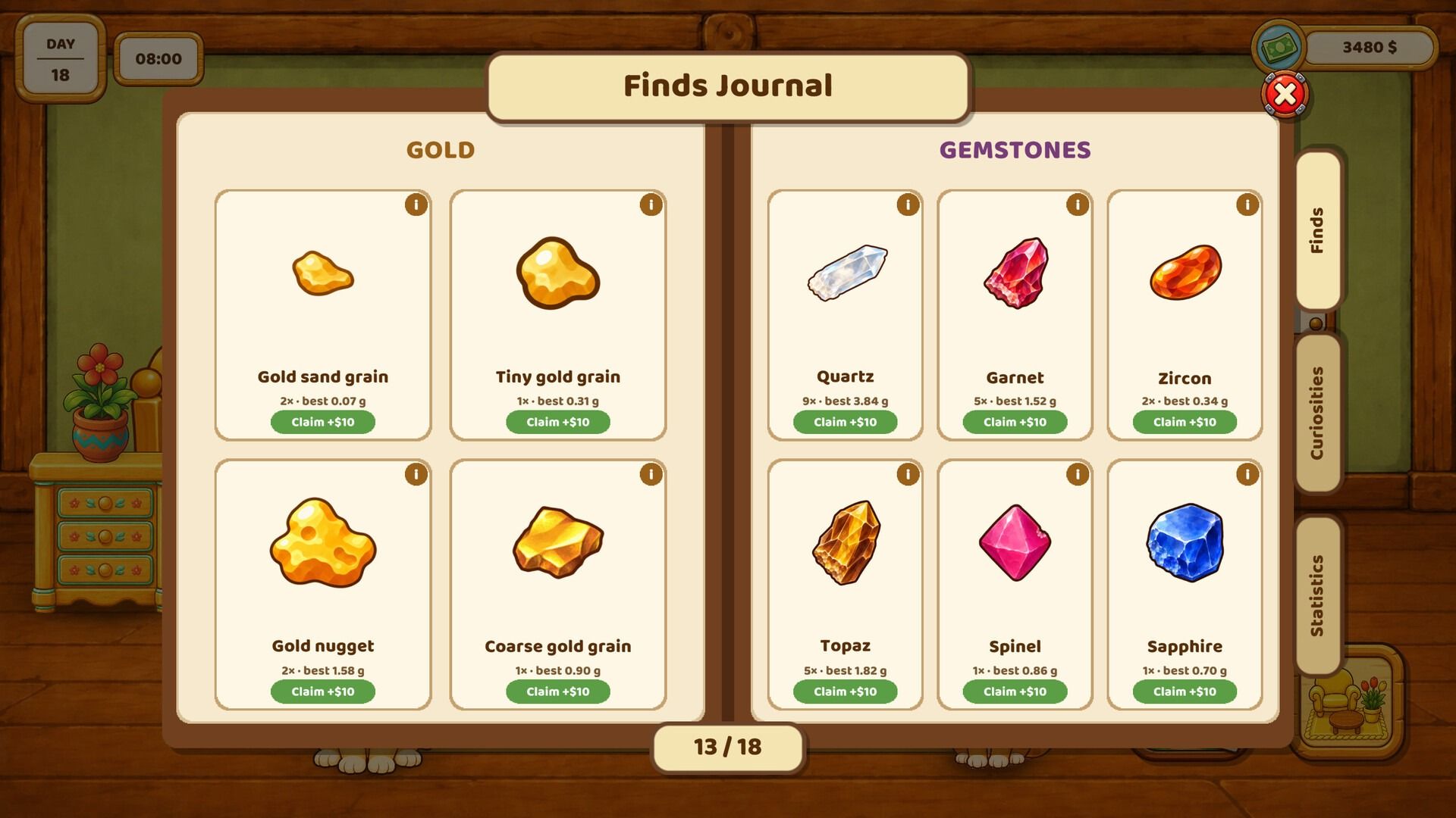 The Finds Journal, listing gold grains, nuggets and gemstones such as garnet, topaz and sapphire.