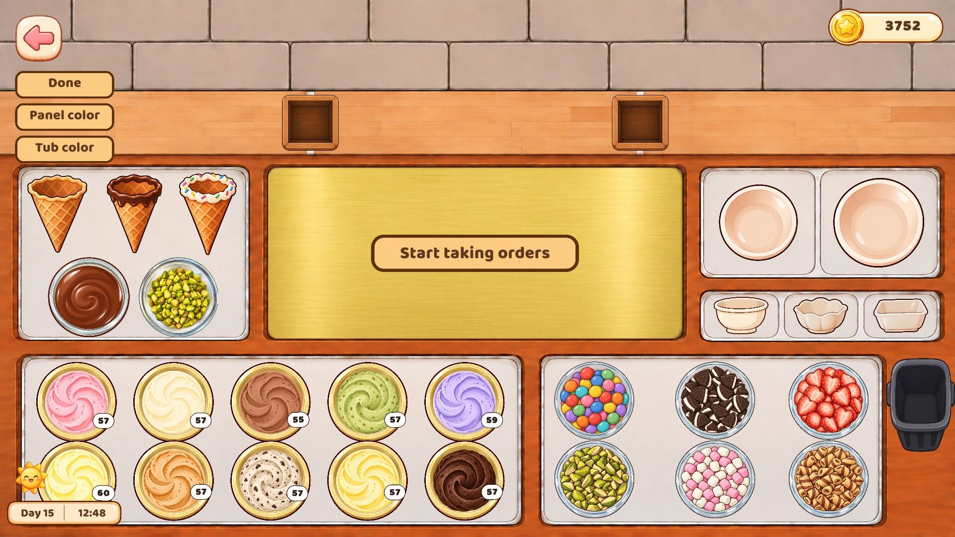 Truck edit mode, with buttons to change the panel and tub colors above the counter.