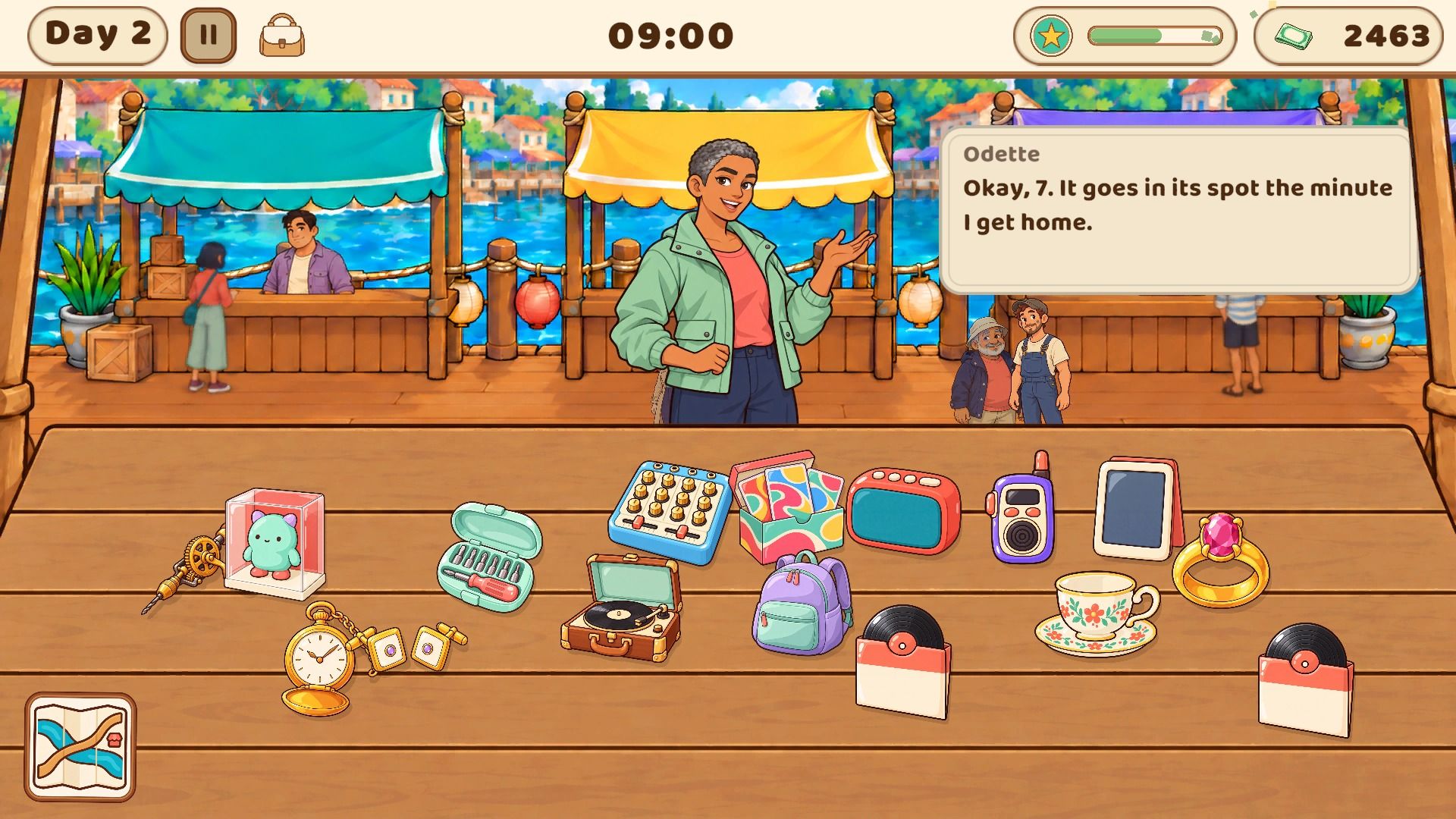 The Boardwalk Market by the sea, with stalls under colorful awnings and Odette at the counter.