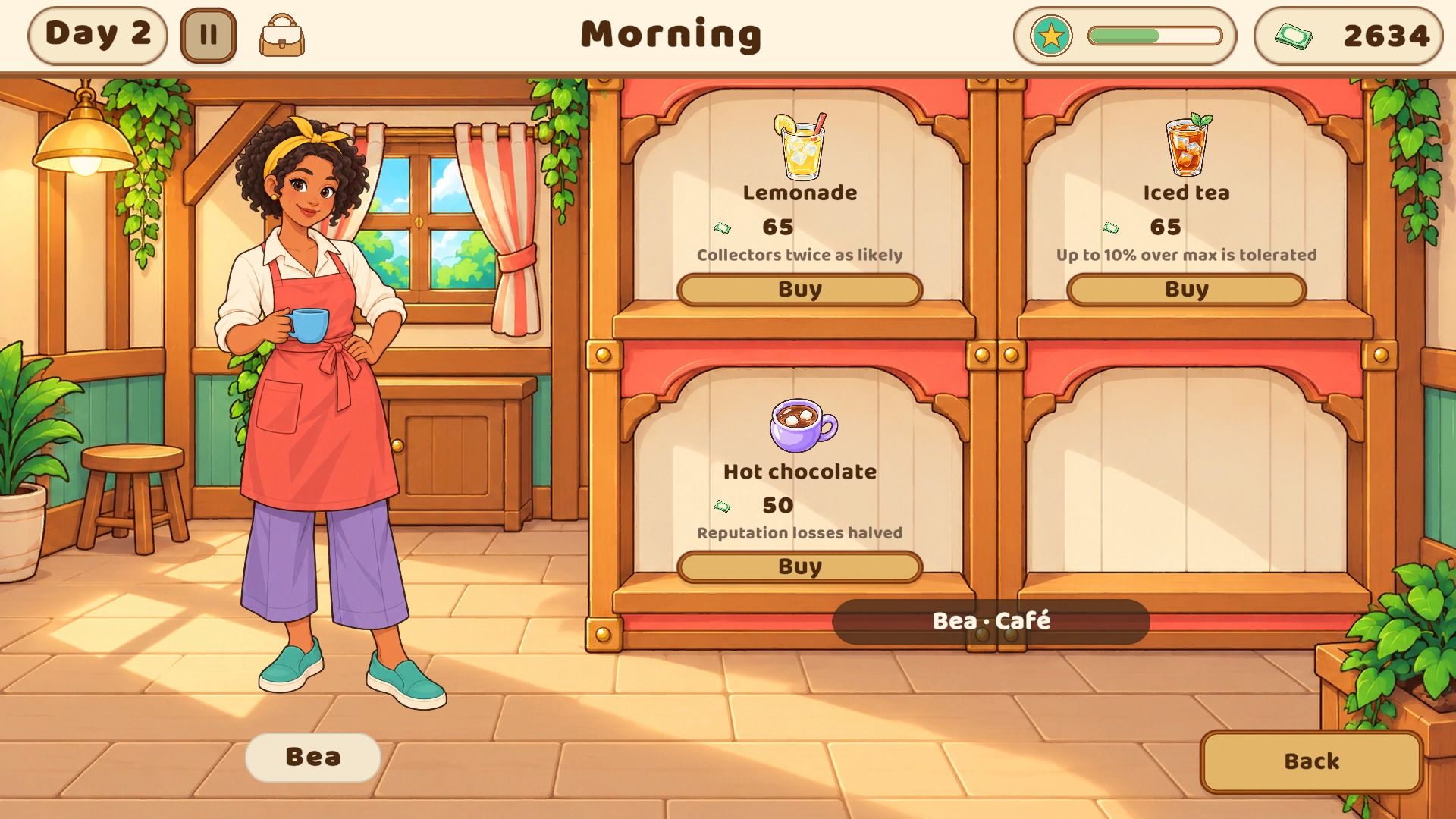 Bea’s café menu with lemonade, iced tea and hot chocolate, each giving a different bonus.