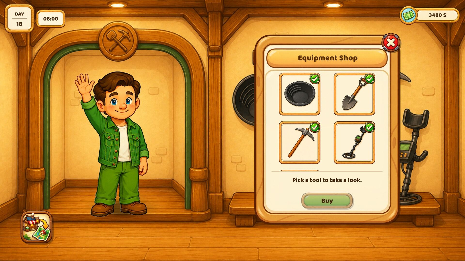 The equipment shop. A shopkeeper waves next to a pan, a shovel, a pickaxe and a metal detector.